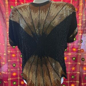 Oleg Cassini Vintage Black and Gold Sunburst Top in Mint Condition